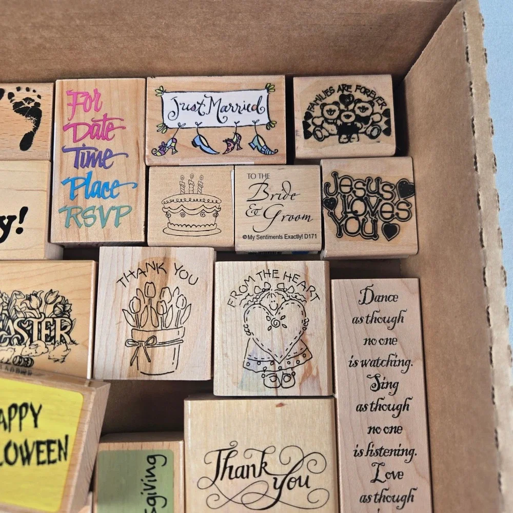 Vintage Wood Mounted Rubber Stamps Lot 40+ Baby Wedding Holiday Sentiments